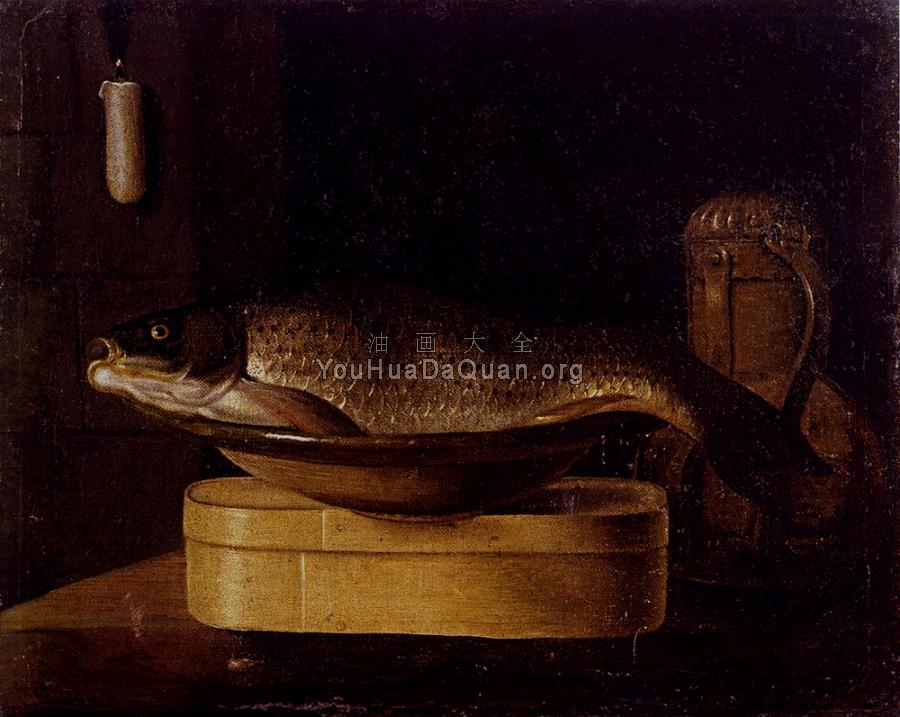 Still Life Of A carp In A Bowl Placed On A Wooden Box - 塞巴斯蒂安·斯托斯科夫